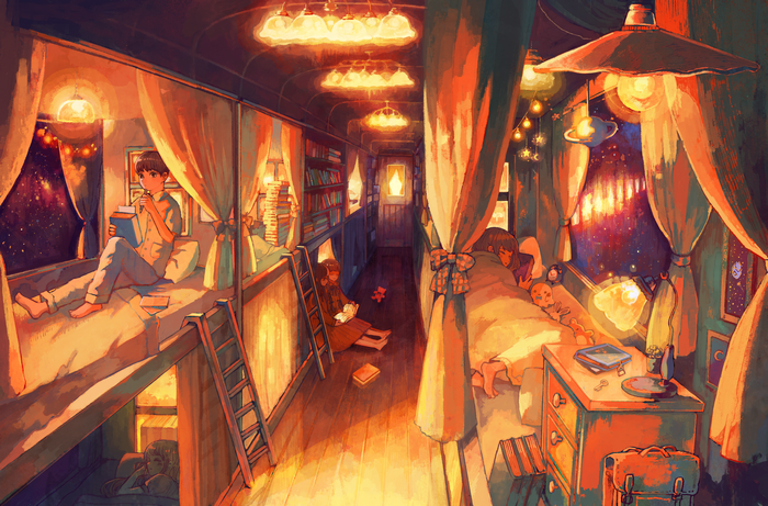 Boy reading in a train compartment with starry sky view
