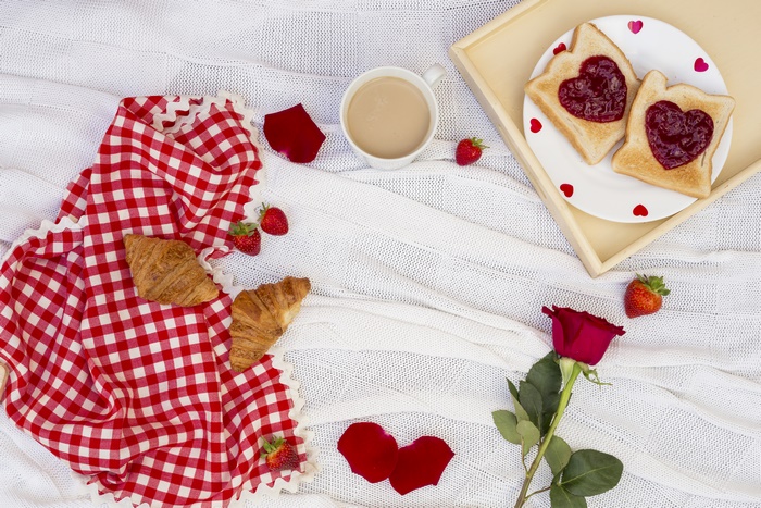 Valentines Day Breakfast with Rose and Coffee