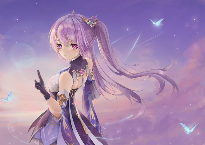 Keqing from Genshin Impact with butterflies