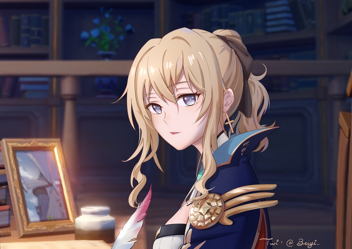 Jean from Genshin Impact in a library