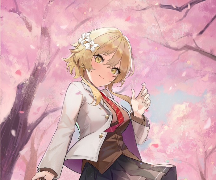 Lumine from Genshin Impact under cherry blossoms