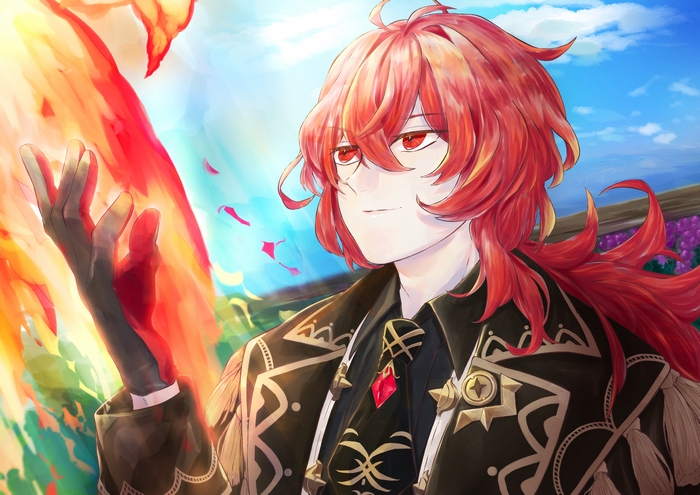 Diluc from Genshin Impact with fiery wings