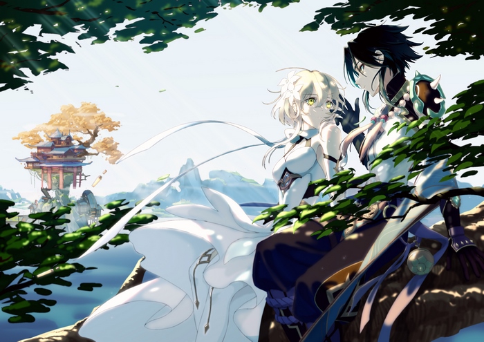 Xiao and Lumine in Serene Genshin Impact Scene
