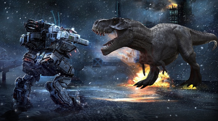 War Machine vs. T-Rex in a Snowy Battle