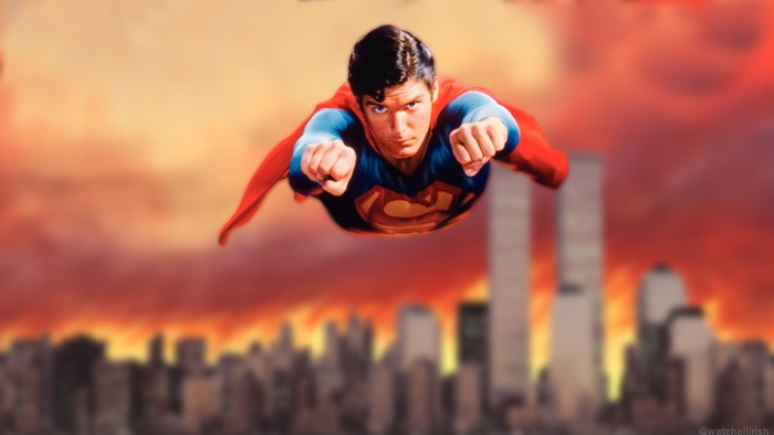Superman flying over New York City