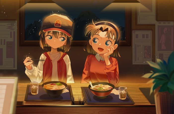 Ai Haibara and Ayumi Yoshida eating ramen