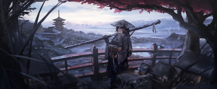 Saga from Arknights on a bridge overlooking a village