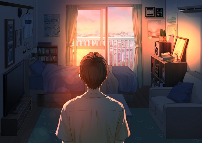 Boy in a room watching sunset