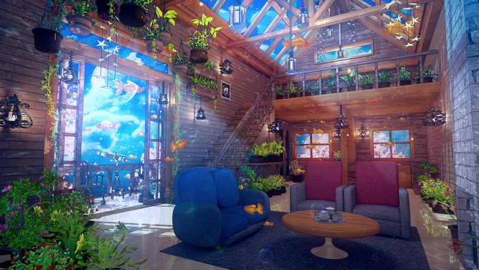 Fantasy room with fish and plants