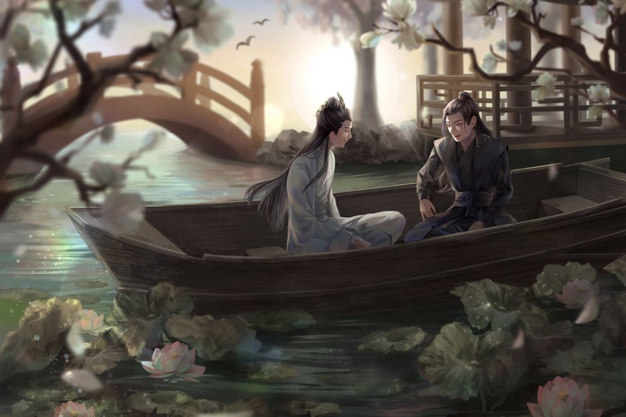 Lan Zhan and Wei Ying in a boat