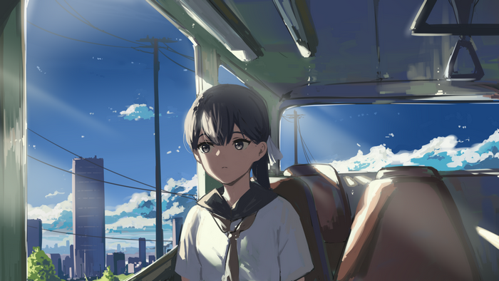Girl on a bus looking out window