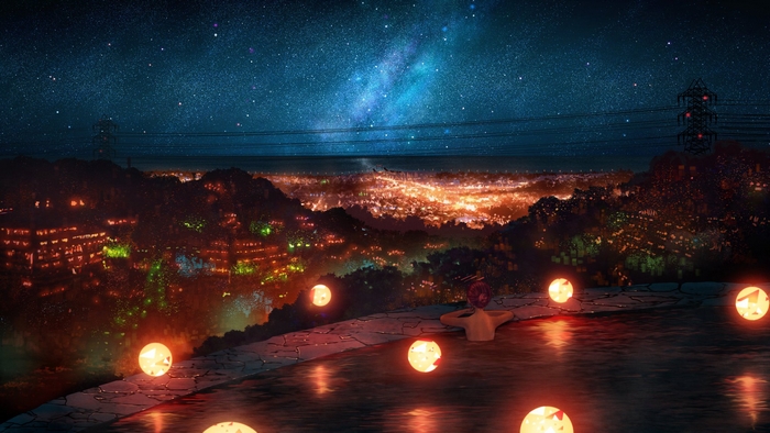 Girl in a pool under a starry night sky