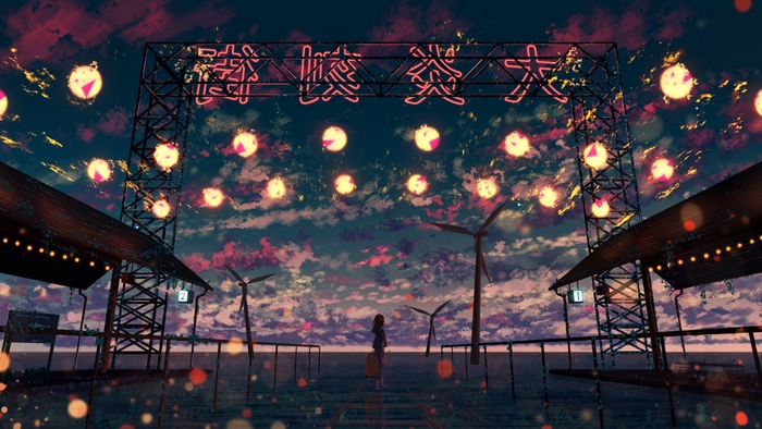 Girl standing under a neon sign with wind turbines