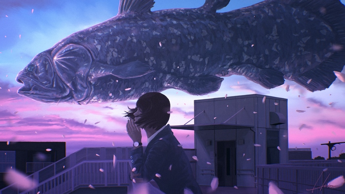 Girl looking at a giant fish in the sky