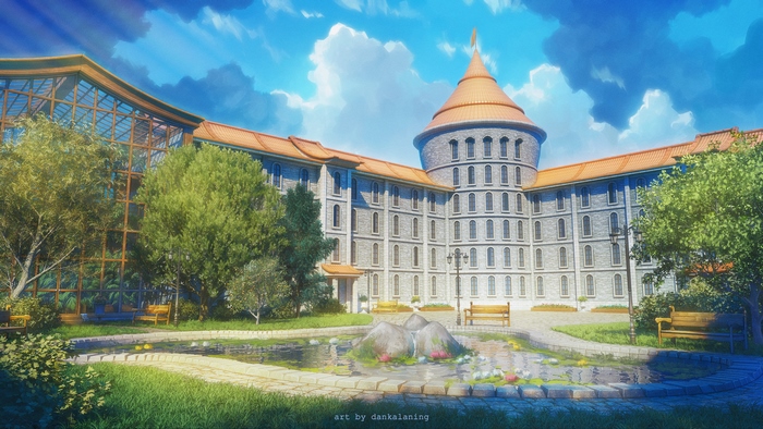 Castle-like building with a pond and garden