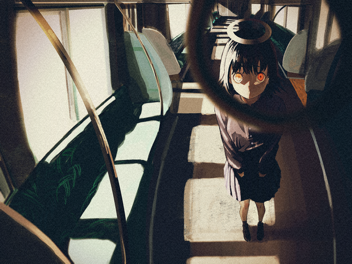 Girl with halo and glowing eyes on a train