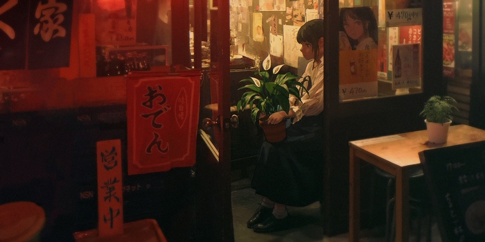 Girl holding a plant in a Japanese restaurant