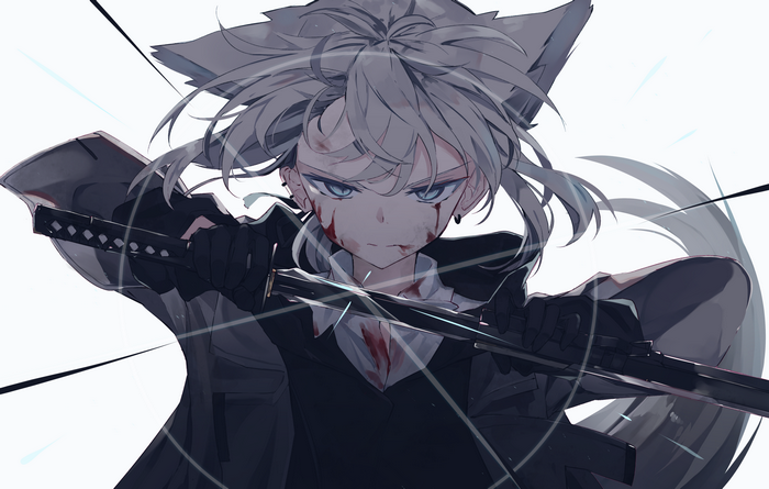 Girl with Grey Hair and Blue Eyes Holding a Katana