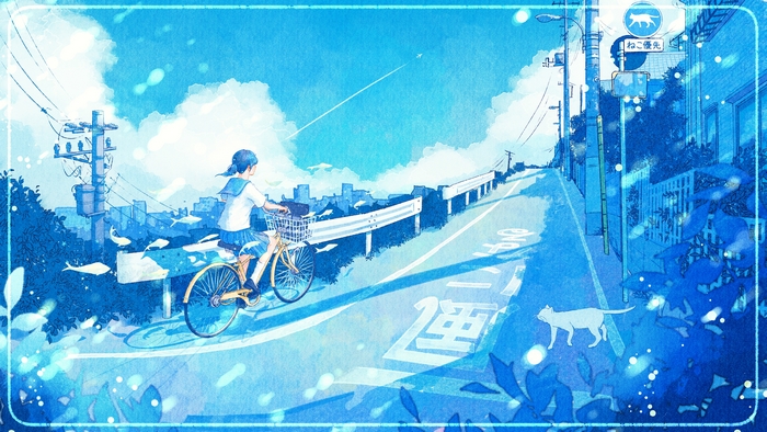 Girl on Bicycle with Cat