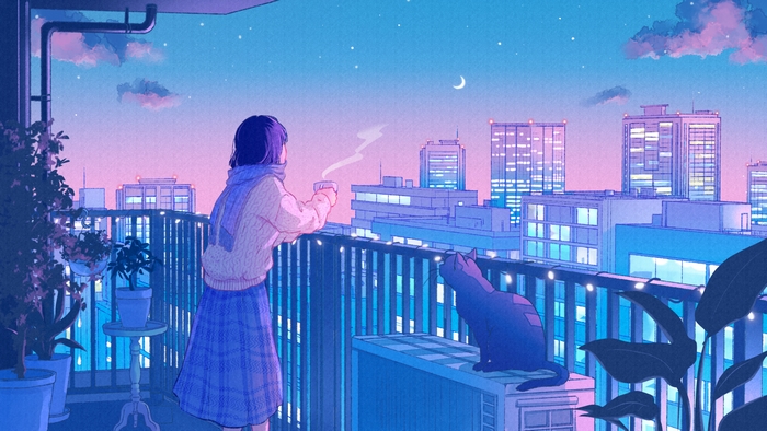 Girl and Cat on Balcony Overlooking City at Night