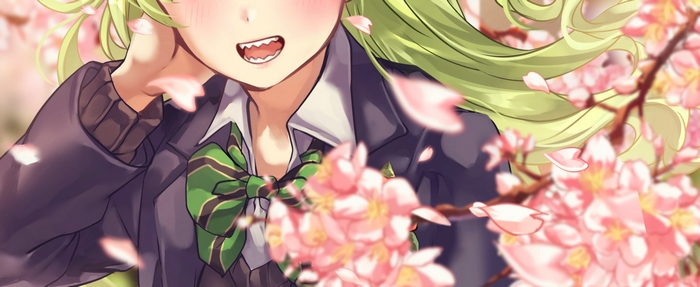 Girl with green hair and cherry blossoms