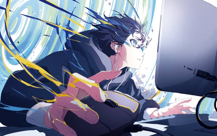 Anime boy with blue hair playing computer