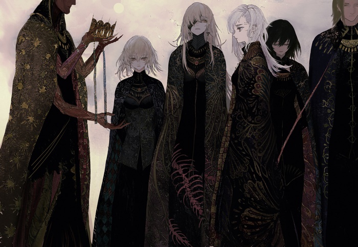 Group of people in ornate robes with a crown