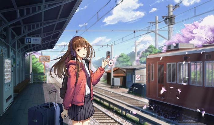 Girl with Headphones at Train Station with Cherry Blossoms