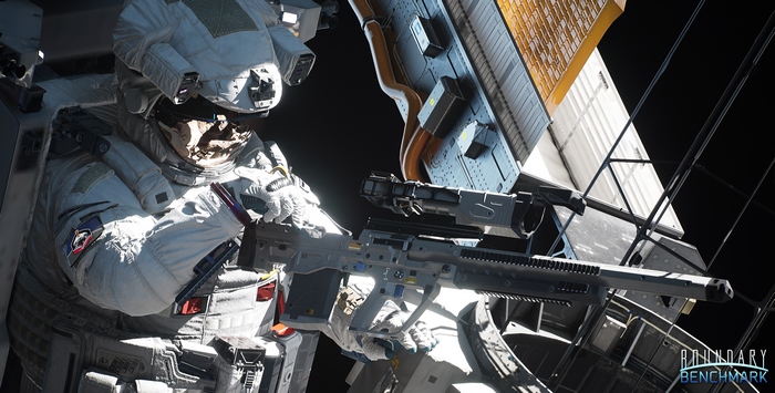 Astronaut holding a futuristic rifle in space
