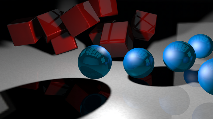 Red Cubes and Blue Spheres in Abstract 3D CGI