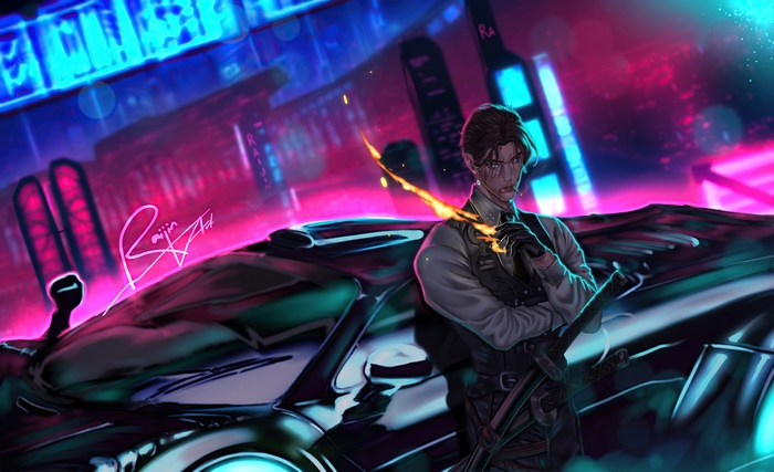 Sci Fi Cyberpunk Man with Futuristic Car