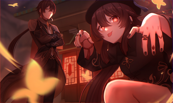 Hu Tao and Zhongli 4K Art from Genshin Impact