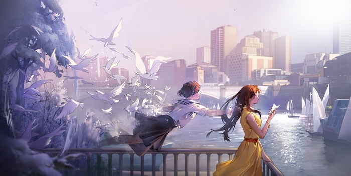 Women and Birds in a City by the Water