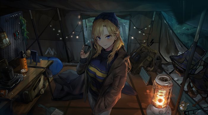 Blonde woman in a tent with camping gear