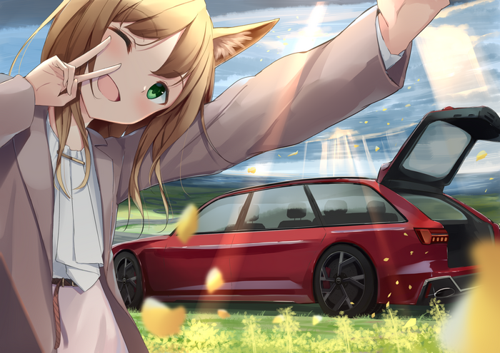 Girl with animal ears taking a selfie with a red car