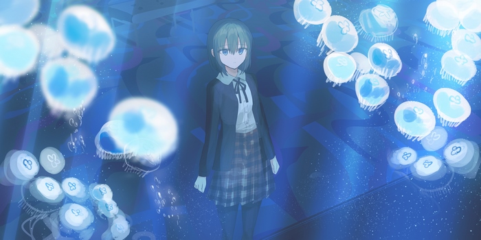 Girl with blue eyes surrounded by jellyfish