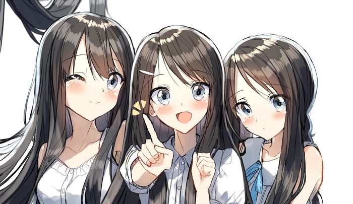 Three girls with black hair and blue eyes
