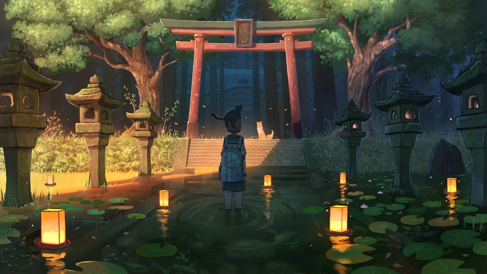 Girl with Cat and Fox at Torii Gate