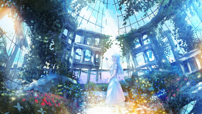 Girl with White Hair and Butterfly in Ruined Greenhouse 4K
