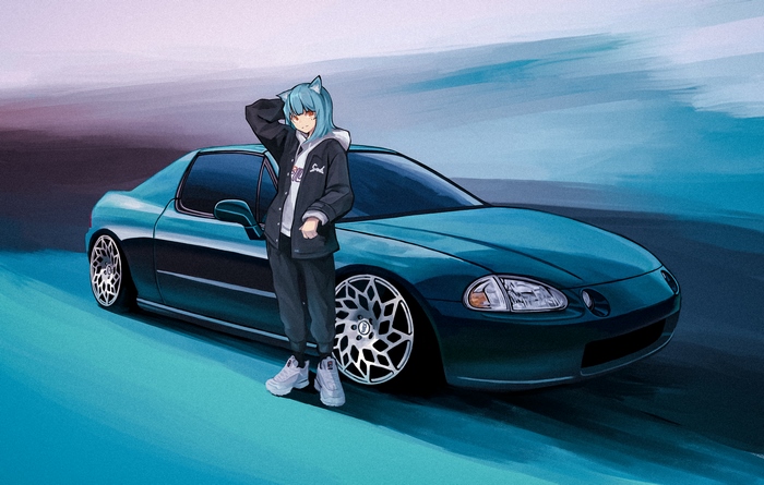 Anime girl with animal ears and blue hair next to a car