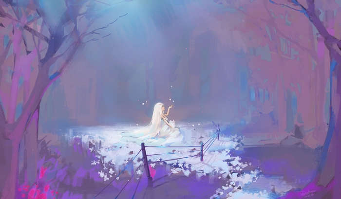 Girl with White Hair in a Purple Forest