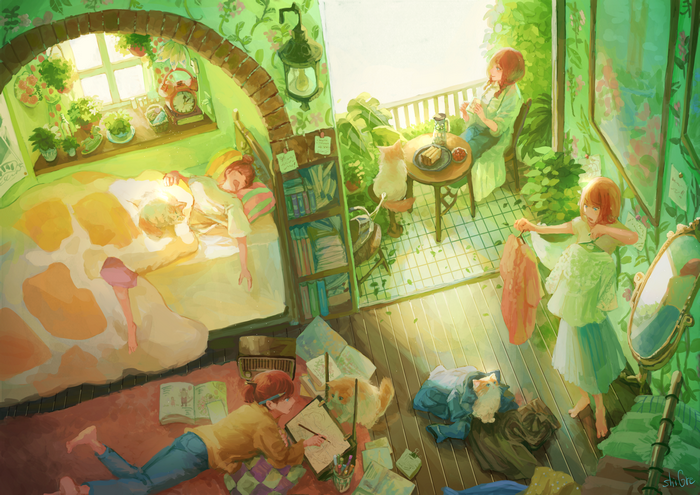 Women and Cats in a Sunlit Room