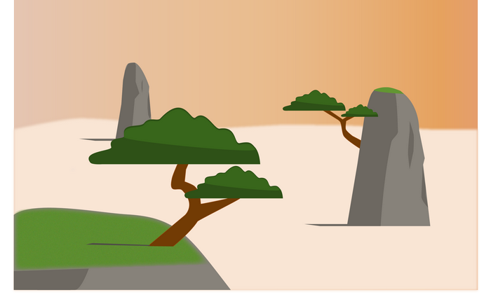 Stylized landscape with trees and rock formations