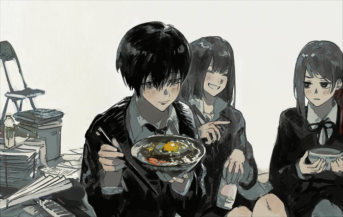 Three students in school uniforms eating