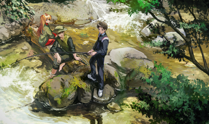 Asuka, Shinji, and Kensuke fishing in a stream