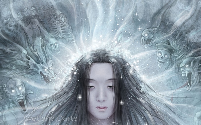 Wen Ning surrounded by ghostly figures and a dragon