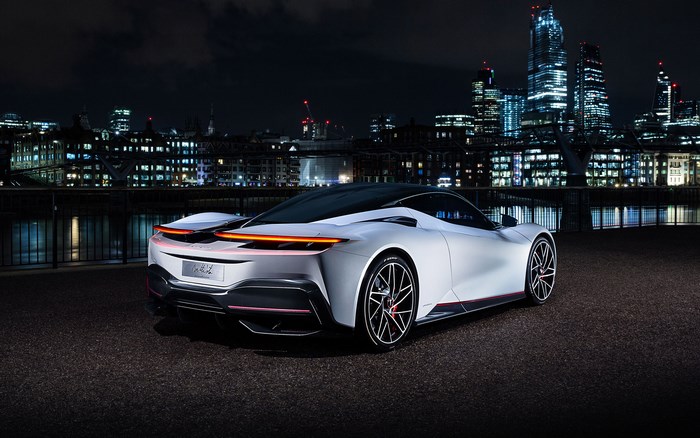 White Pininfarina Battista electric sports car at night