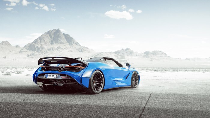 Blue McLaren 720S Spider N Largo in a Desert Landscape