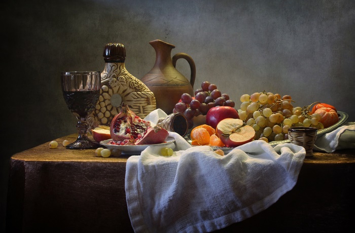 Still life with fruit, wine, and pottery