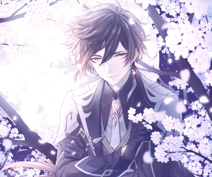 Zhongli (Genshin Impact) surrounded by cherry blossoms